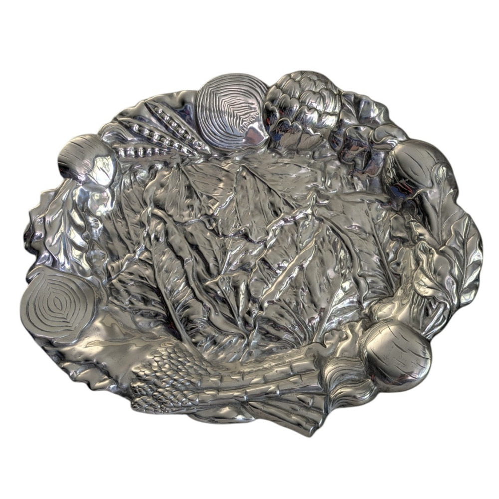 Fitz and Floyd Pewter Metal Serveware Snack Tray Vegetables 19.25" x 16" Large